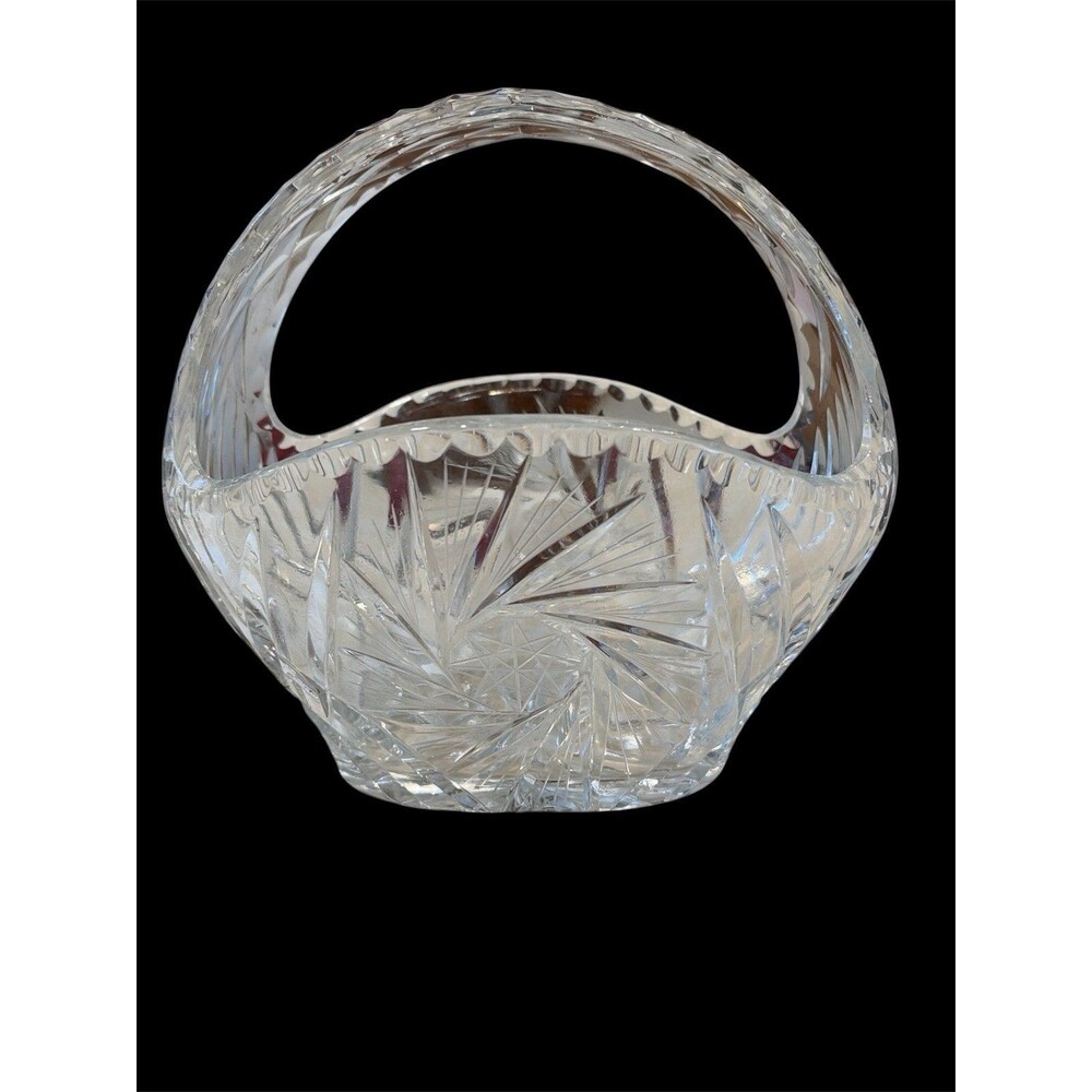 LEAD CRYSTAL BASKET w/HANDLE PINWHEEL STAR DESIGN FLOWERS Fruit/Gift